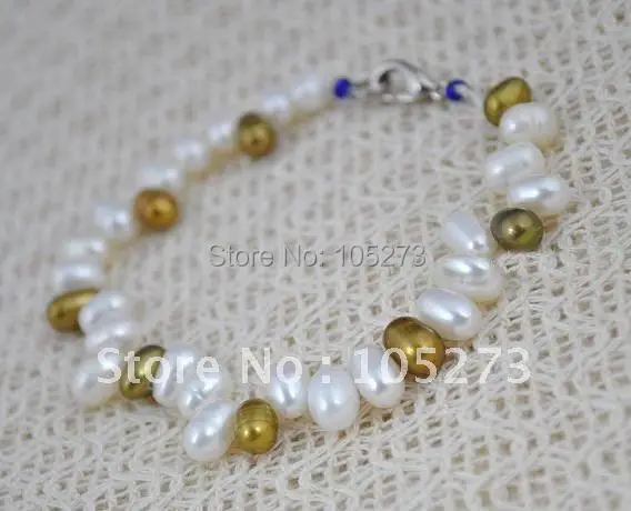 

Charming Pearl Jewelry AA 6-7MM White & Golden Color Genuine Freshwater Pearl Bracelet Fashion Party Jewelry New Free Shipping