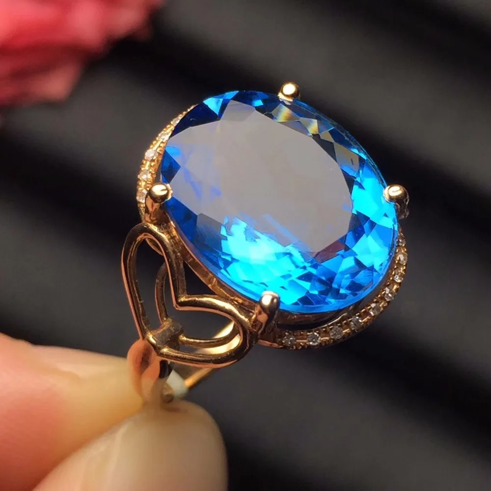 Fine Jewelry Trendy Real 18K Rose Gold AU750 100% Natural Blue Topaz Gemstones Female Rings for Women Ring | Украшения и