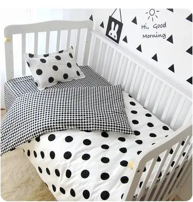 

Good Quality Baby Bedding Set Cartoon Pattern Crib Kits Bed Room 100% Cotton Black Dots ,Duvet/Sheet/Pillow, with filling