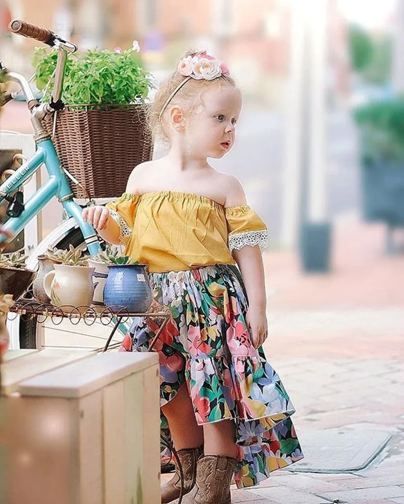 

OKLADY 2019 Summer Kid Girls Dress Clothes Set Yellow Shoulderless Lace Floral Skirt Fashion Kids Clothing Girls Fall Outfits