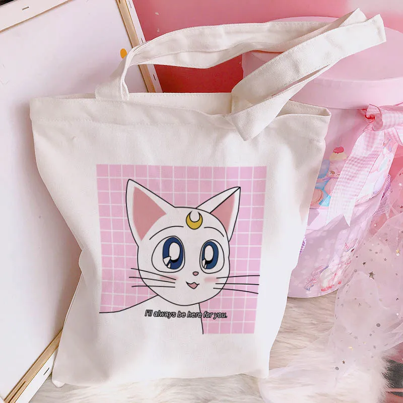 Сейлор Мун кошка милая сумка на плечо Harajuku мультфильм печати Холщовая Сумка Женская колледж Забавный Милый японский открытый карман сумки