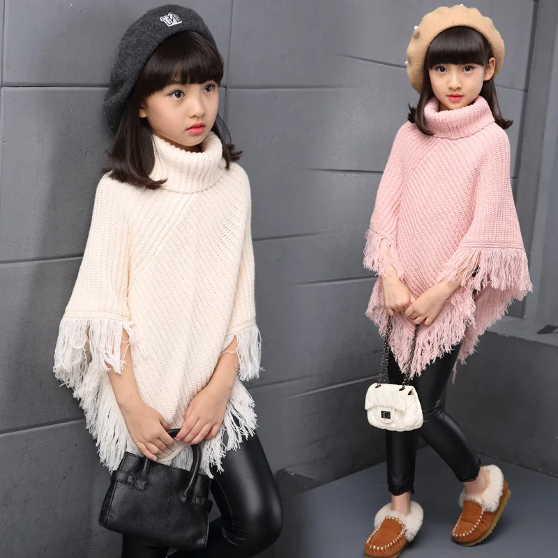 

Poncho shawl cloak wrap cape for kid girl tassel turtleneck sweater knitwear baby children outwear warm coat cape and jackets