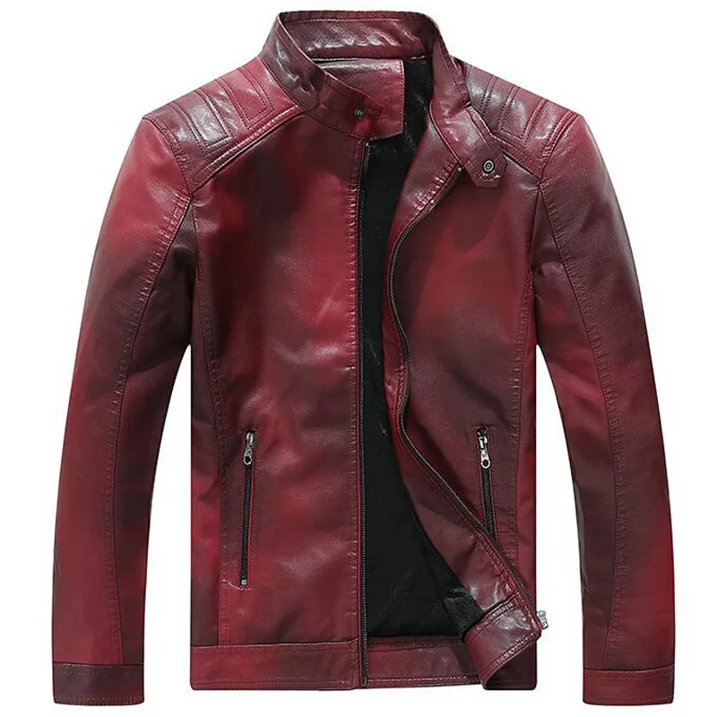 wine red Кожаная куртка мужская мода Стенд воротник флисовые пальто chaqueta cuero hombre мужские s Повседневный из кожзаменителя мотоциклетные байкерские куртки - Цвет: wine red