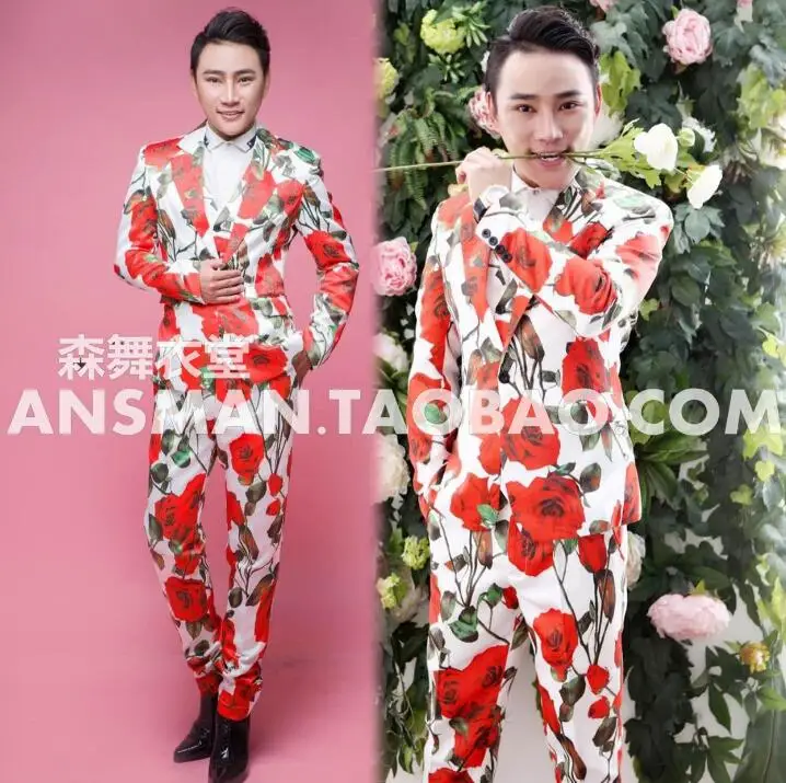 

2020 Nightclub Male Singer DJ Quan Zhilong GD Europe and America Catwalk 3D Rose Flower Satin Suit Costume