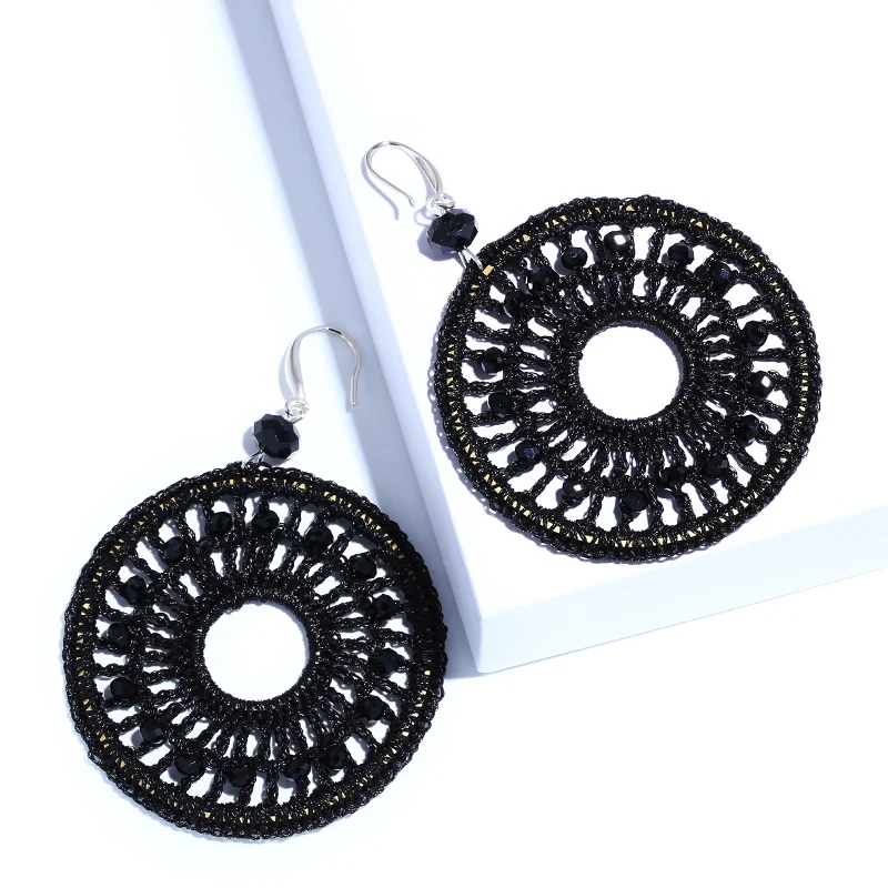FLOLA Oorbellen Handmade Weaving Hollow Net Earrings Woman Crystal Beads Round Hanging Boho Ethnic Jewelry ersm92 | Украшения и