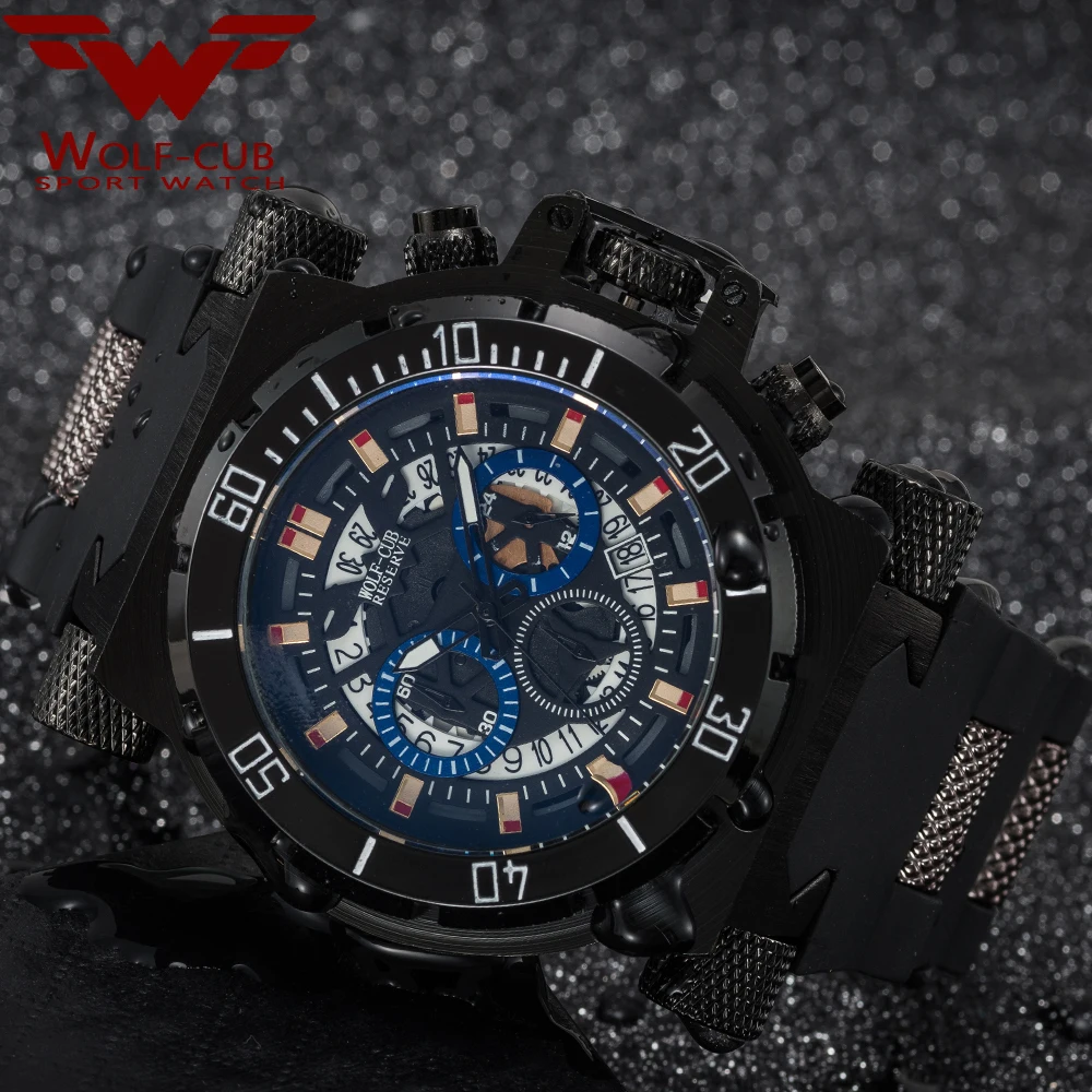 

WOLF-CUB Luxury Big Dial Men's Sports Watches 3BAR blue Dial Man Steel Chronograph Quartz Wrist Watch Military Relogio Masculino