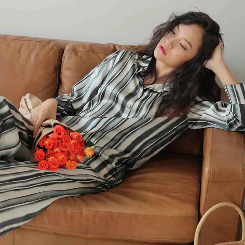 

2019 New Sleepwear Spring Thin Fashion Leisure Loose Silk Pijama Mujer Long Sleeve Striped Pajamas for Women Printing Pajama Set