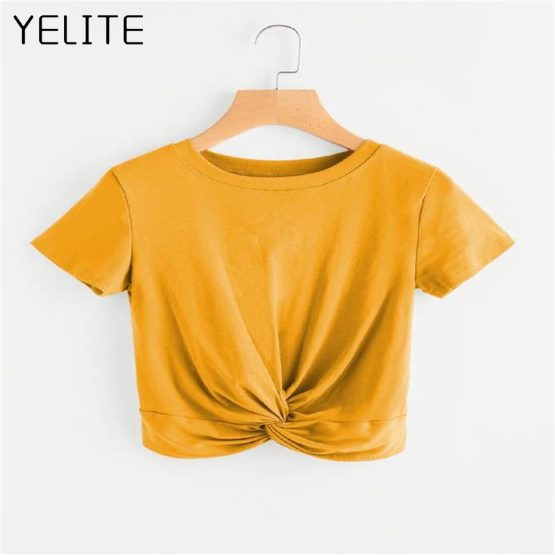 YELITE/Новинка 2019 года женская Однотонная футболка с круглым вырезом и короткими