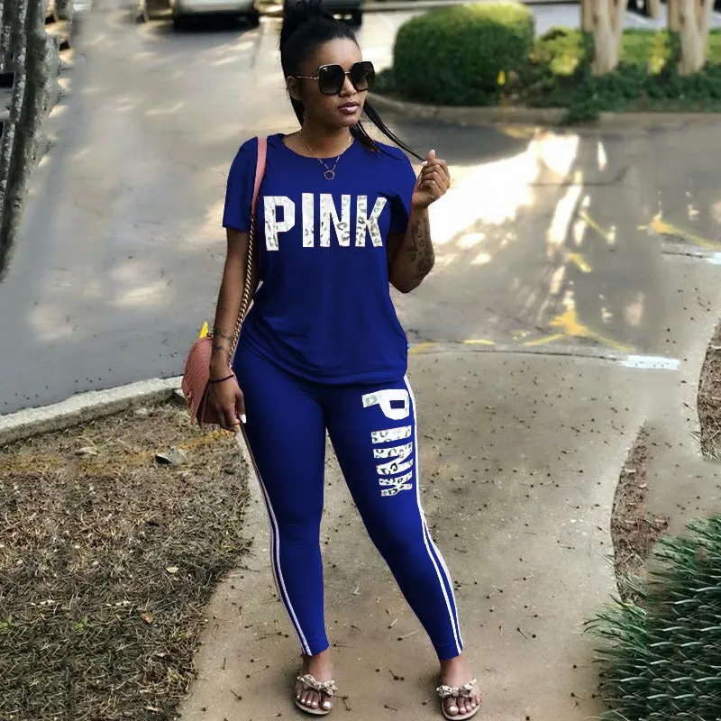 

RAISEVERN PINK Letter Print Tracksuits Women Two Piece Set Spring Street t-shirt Tops and Jogger Set Suits Casual 2pcs Outfits
