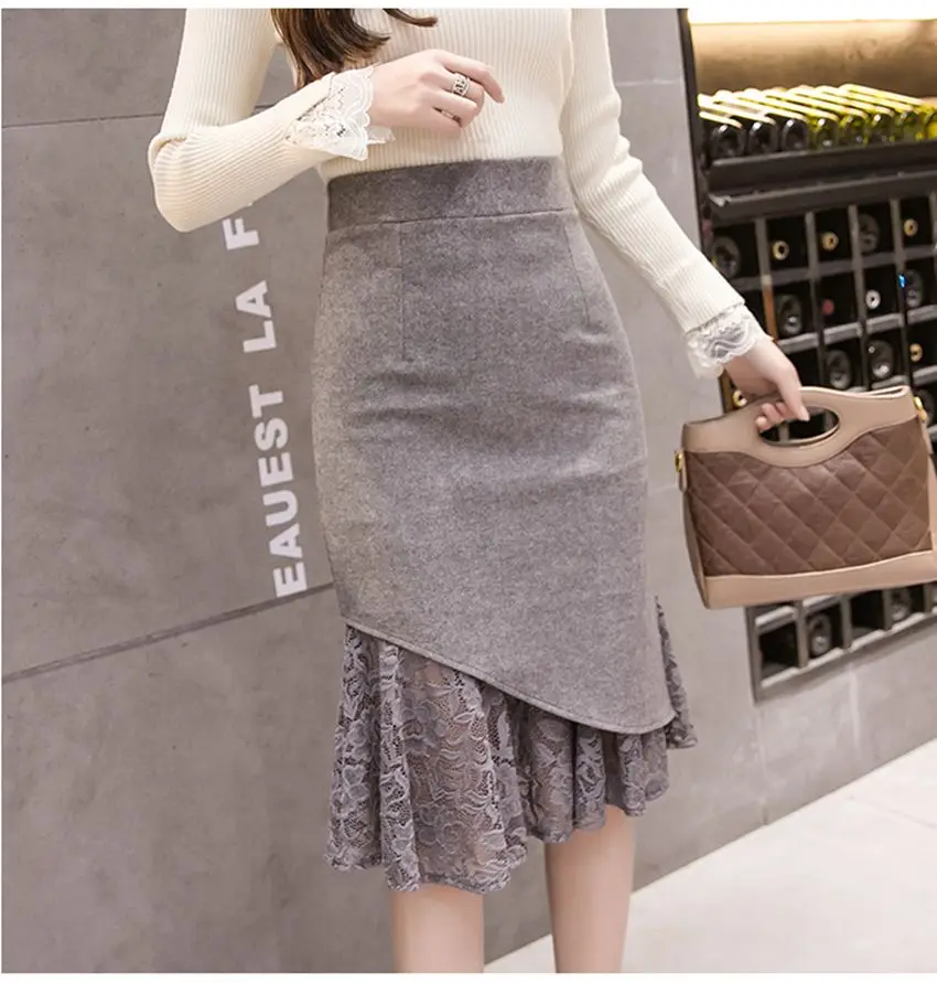 SEXMKL Faldas Mujer Moda Женщины Высокой Талией Кружевные Лоскутные Юбки Корейская Уличная Одежда Юп Femme Midi Юбка-Карандаш Плюс Размер