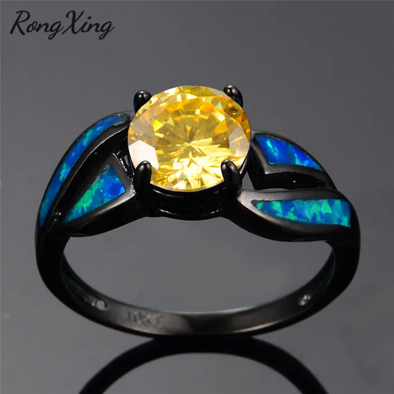 RongXing Новое Стильное кольцо с голубым огненным опалом круглые черные золотые