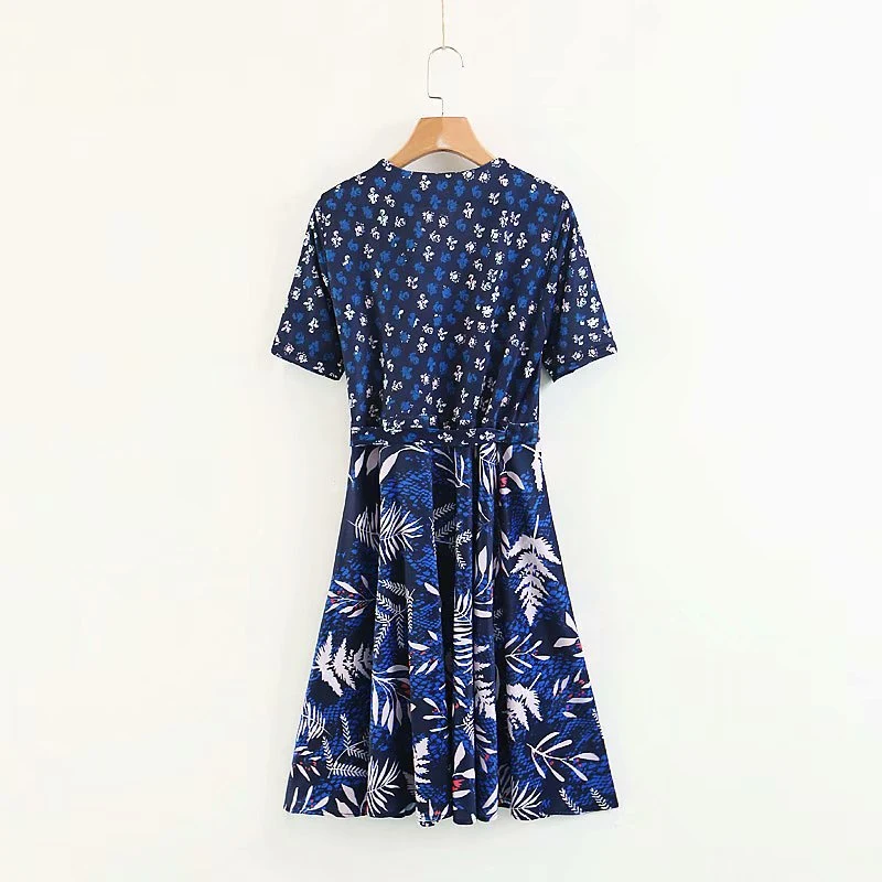 Летние женские Лоскутные темно синие платье для женщин Высокая талия V средства