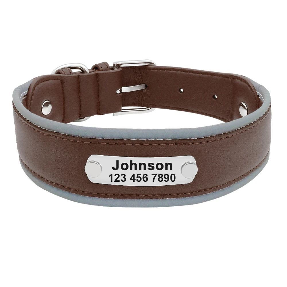 Leather Dog Collar For Large Dogs Reflective Personalized Pet ID Collars Nameplate For Medium Large Pitbull Bulldog Labrador