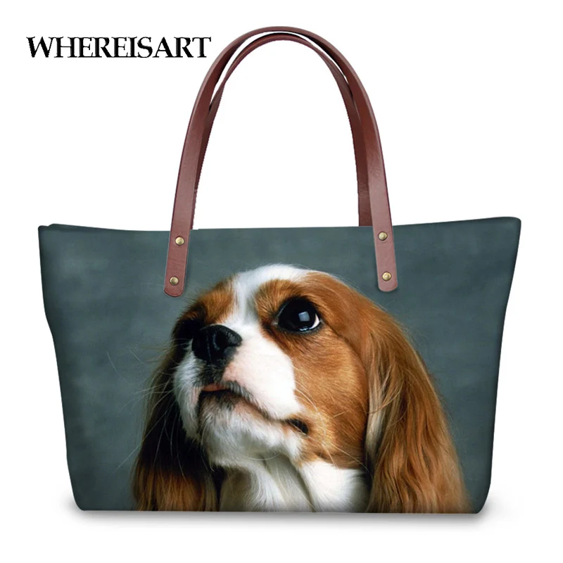 

WHEREISART Women Handbags Cavalier king Charles Spaniel Design Large Tote Shoulder Bags for Ladies Girls Luxury Top-handle Bag