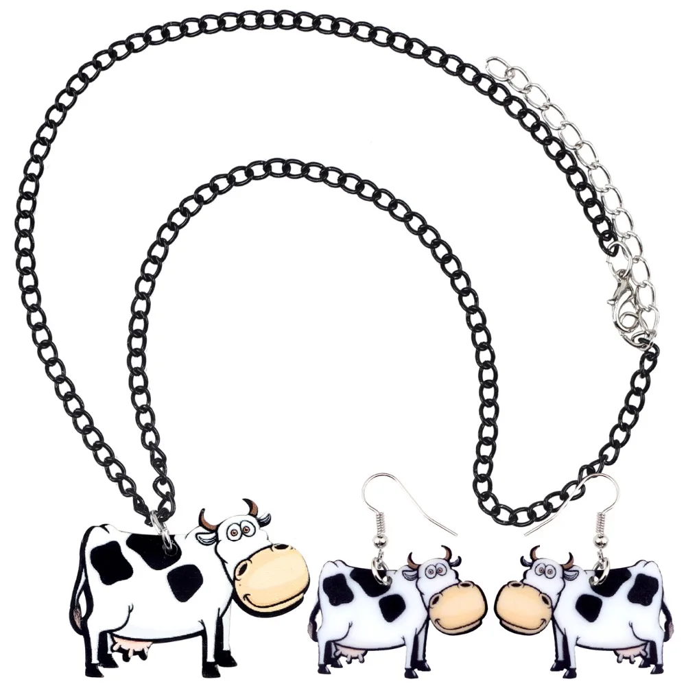 Bonsny акриловые Smile Milk Cow молочные серьги с коровами Ожерелье Цепочка Воротник аниме Наборы украшений в форме животных для женщин девочек подростков подарок