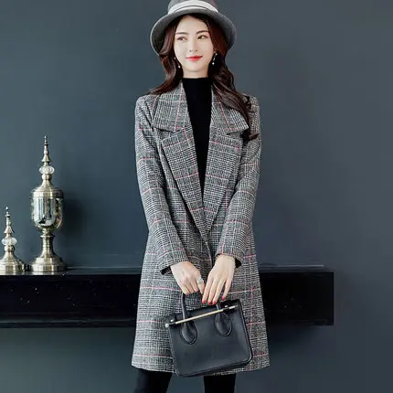 Women's jacket autumn and winter new Korean version of the retro large size long woolen coat tartan TTYC190510 | Женская одежда