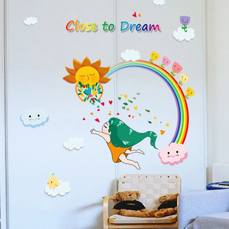Наклейки на стену с изображением милой девушки под радугой для детей наклейки