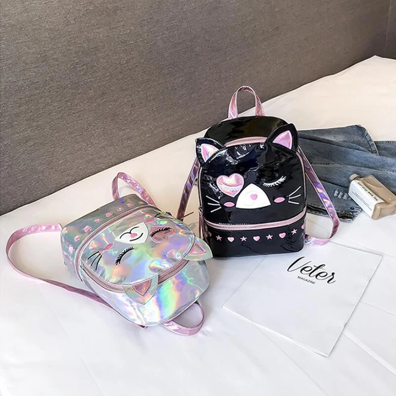 Yogodlns Милая кошка Mochila Mujer лазерный голографический рюкзак женский маленький мини рюкзак для девочек Школьный Рюкзак PU дорожные сумки
