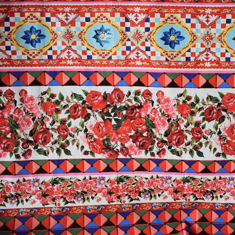 Red Geometry Print Pure Cotton Fabric For Dress Tissus Au Mètre FabricsTelas Algodon Estampadas african Sewing Ткань Для Шитья