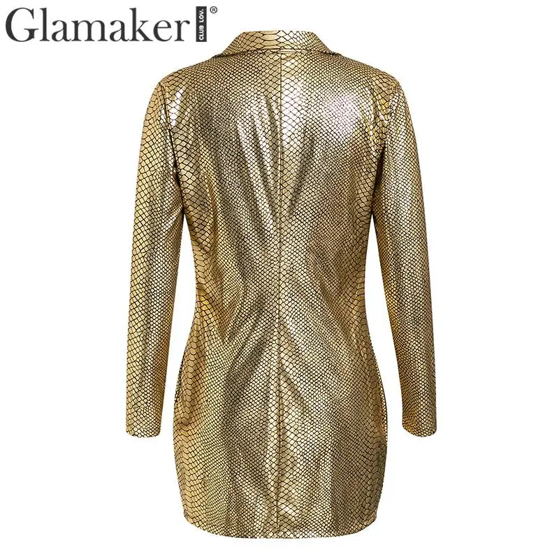Glamaker сексуальное короткое платье с v-образным вырезом и золотым змеиным принтом, облегающее элегантное мини-платье с пуговицами, женское платье-блейзер, Осенние вечерние Клубные платья