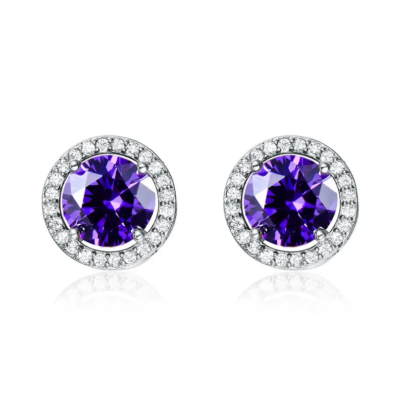 Silver Purple Милые круглые Разноцветные серьги-гвоздики с кристаллами для девушек, для женщин, 925 серебро, розовое золото, заполненные белым, синим, зеленым огненным опалом, серьги CZ - Окраска металла: Silver Purple
