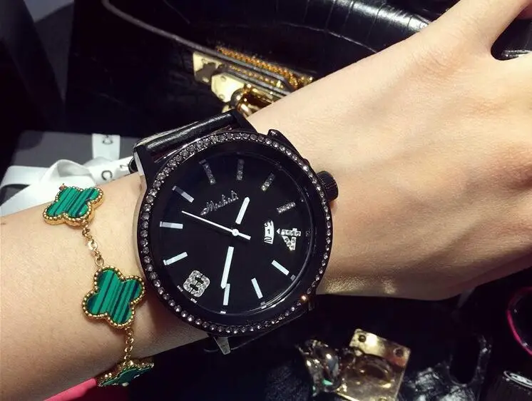 Новый чехол из розового золота с блестящим кристаллом Аналоговый браслет черный