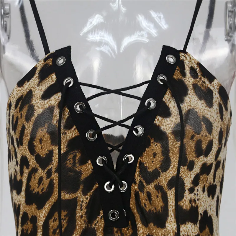

Sexy Leopard Print Bodycon Bodysuit Deep V Neck Cross-criss Lace Up Rompers Summer Women Sleeveless Strap Slim Fit Bodysuits