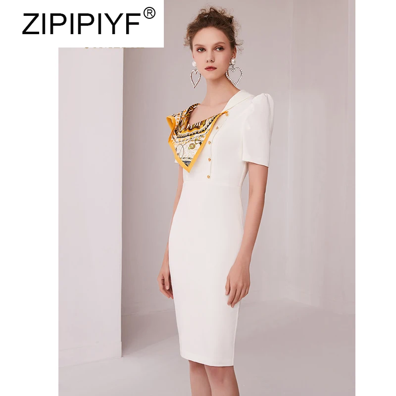 

2019 New Arrival Female Dress Pure White Satin Dress Unique Square Collar Design Patchwork Elegant OL Dress C1766