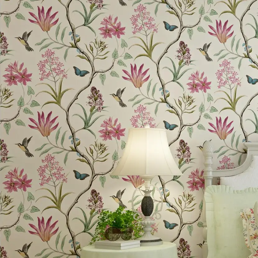 

American Pastoral Rural Flower Brids Wallpaper Murals Beautiful Butterfly Floral Wall Papers Home Decor 3d Papier Peint EZ167