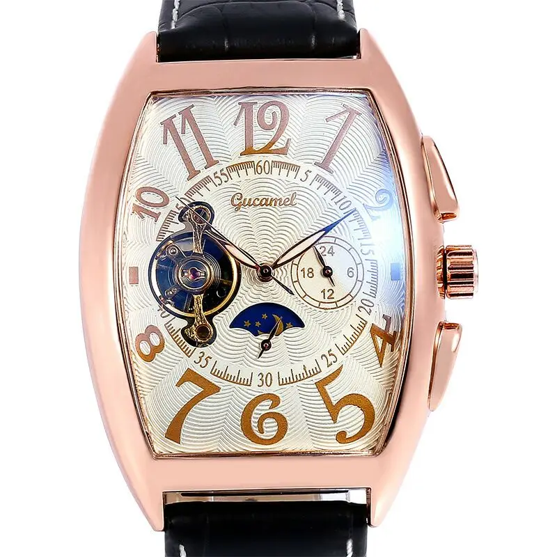 Для мужчин со звездами, утро Tourbillon полые автоматические механические часы для мужчин подарок с кожаным ремнем, мягкое покрытие, прямоугольные часы Бизнес - Цвет: Rose white