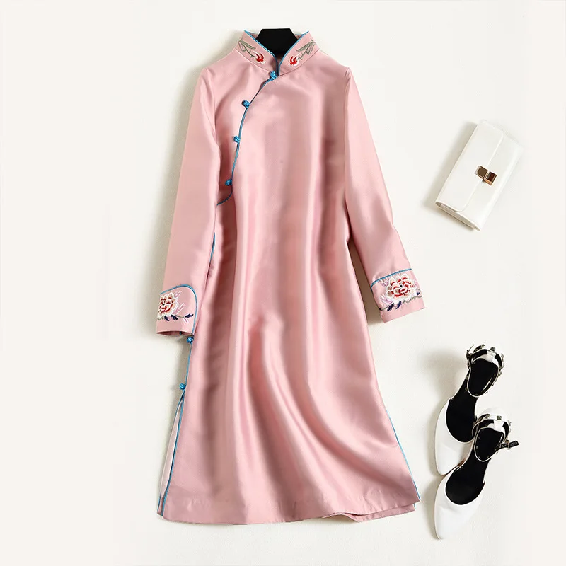 Розовое традиционное короткое китайское платье Mujer Vestido женское атласное Qipao миди Чонсам вышивка цветок размера плюс XS, S, M, L, XL, XXL