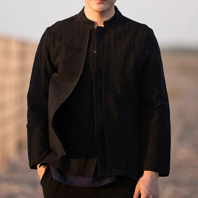 Black(Asian Size) Sinicism Store, Мужская одежда, хлопок, лен, повседневные черные рубашки, мужские рубашки с длинным рукавом, китайская фальшивая ветровка из двух частей - Цвет: Black(Asian Size)