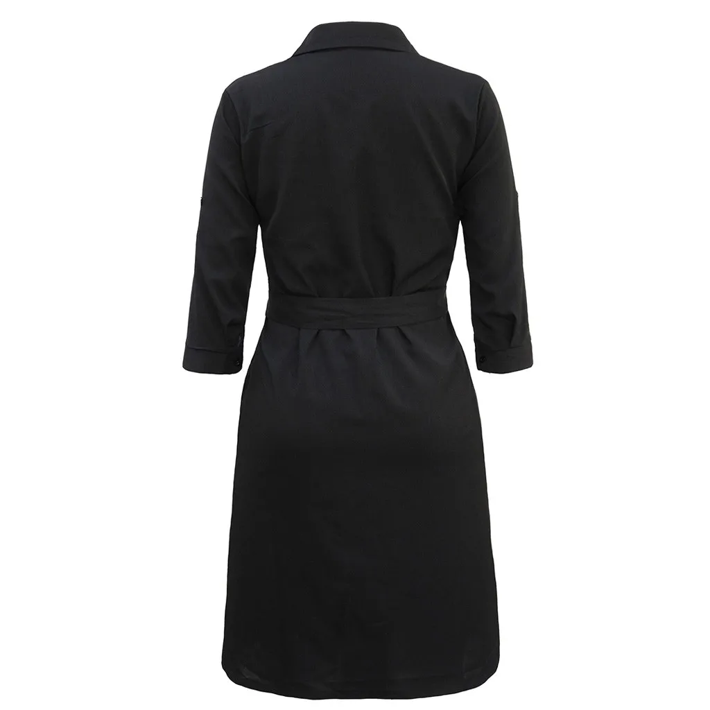 Summer Dress Women Fashion Casual Solid Color Pockets Button Turn-down Collar Three Quarter Sleeve Knee Length Vestidos OY41