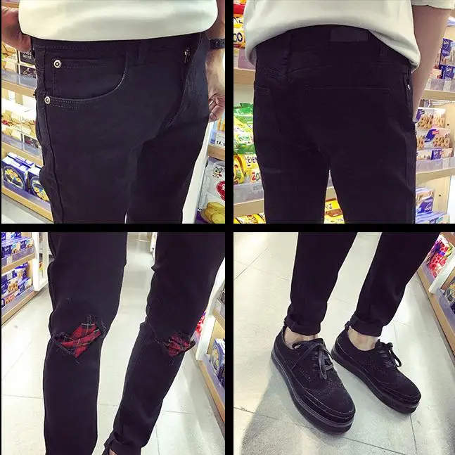 

Fashion 2020 Spring Spliced loaded knee Black patchwork hole jeans male black feet pants show thin Teenagers Pencil Pants