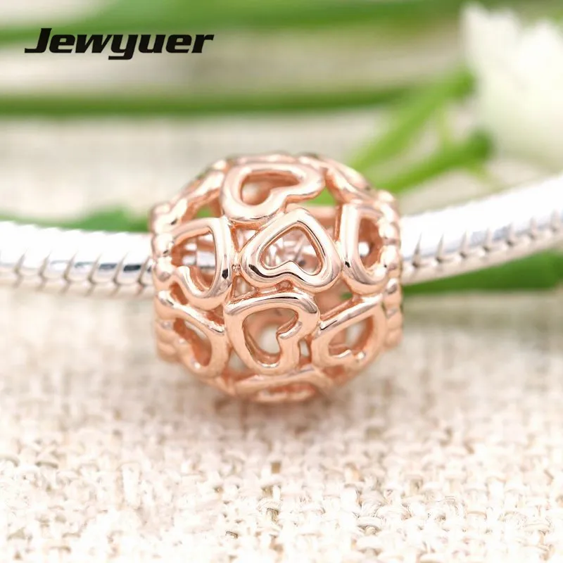Silver hearts charms with rose gold fit 925 sterling silver bead Bracelet necklace DIY pendant for jewelry making Jewyuer BE174 | Украшения