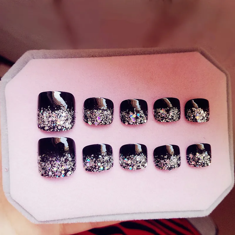 

24Pcs Artificial Toe Nails Glitter Silver Black Fake Toenail French False Nails Fashion Lady Nail Art Tips For Foot