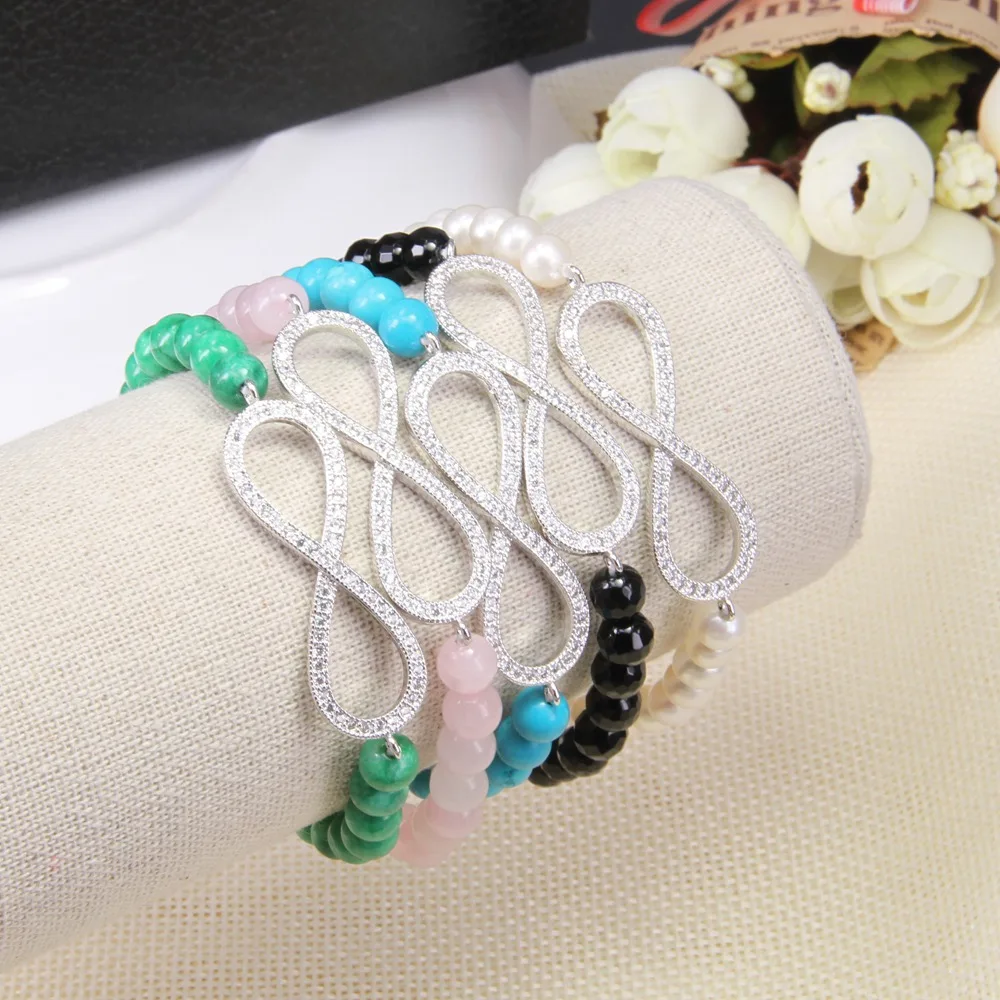 

Thomas Freshwater Pearl, Black Onyx, Pink Quartz Beads Infinity Bracelet, Top Quality Jewelry Gift Women Men TS B59