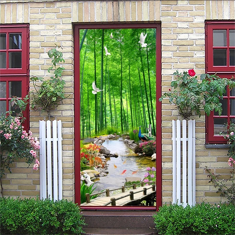 Door Stickers2 С изображением пейзажа с фонтаном креативная художественная дверь водостойкая 3D настенная палка Diy самоклеящаяся художественная домашняя Декорация-наклейка - Цвет: Door Stickers2