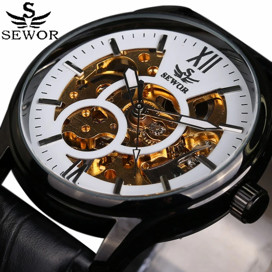 

SEWOR Top Brand Skeleton Watches Men Luxury Brand Automatic Mechanical Steampunk Mens Watch Leather Strap Relogio masculinos