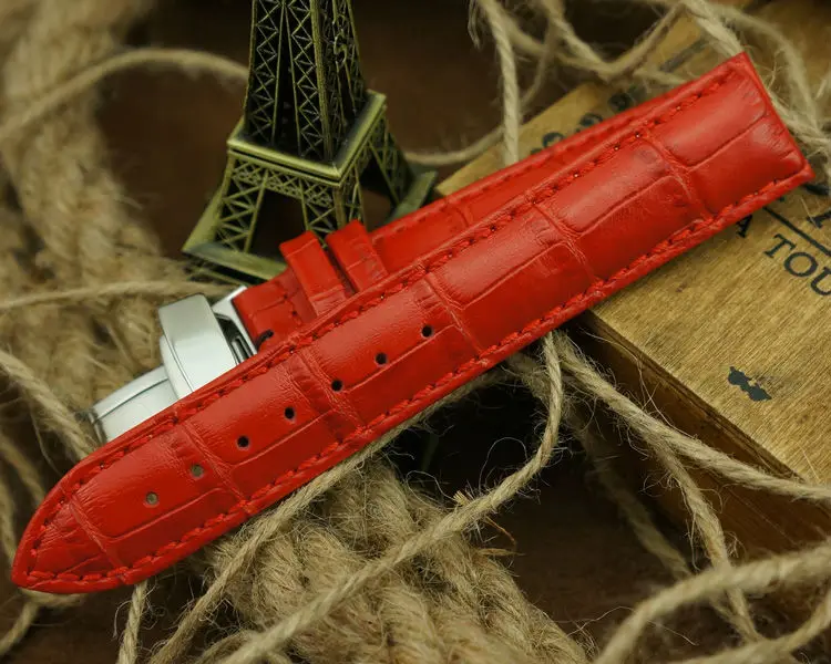 MAIKES Folding Buckle Watch Band 14mm 16mm 18mm 20mm 22mm Red Genuine Calf Leather Watch Strap For Women Quartz Watch