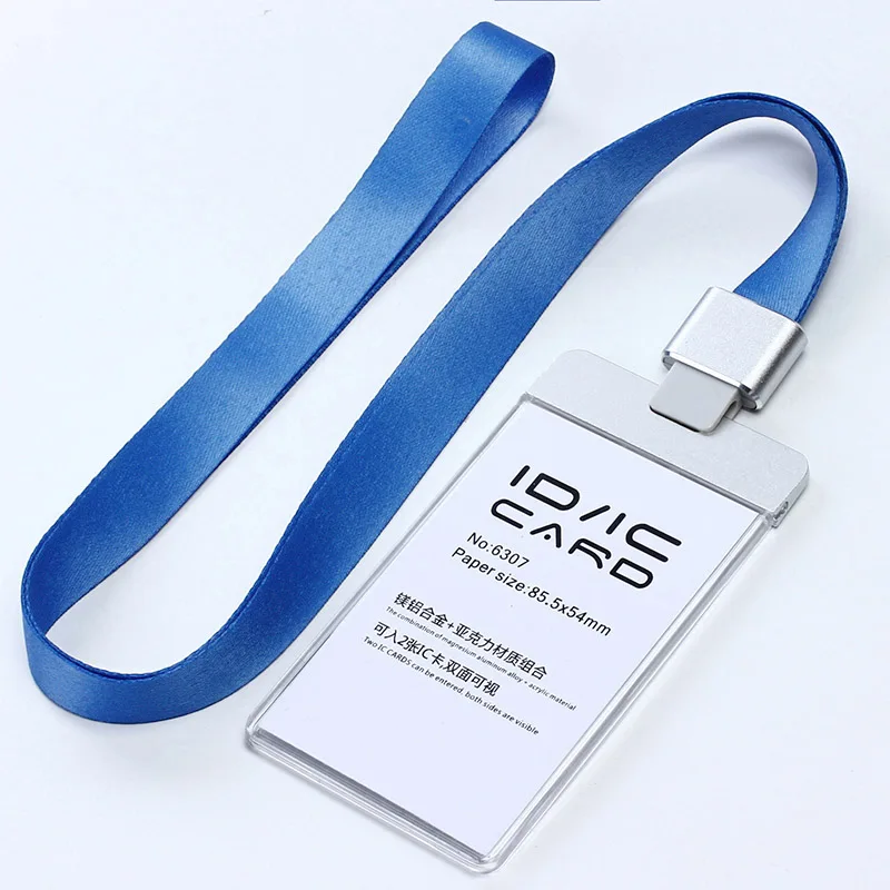 V blue set Прозрачный акриловый пластик с металлической ID IC карты держатель пропуска карты+ цветной полиэфирный ремешок с пряжкой из сплава Al - Цвет: V blue set