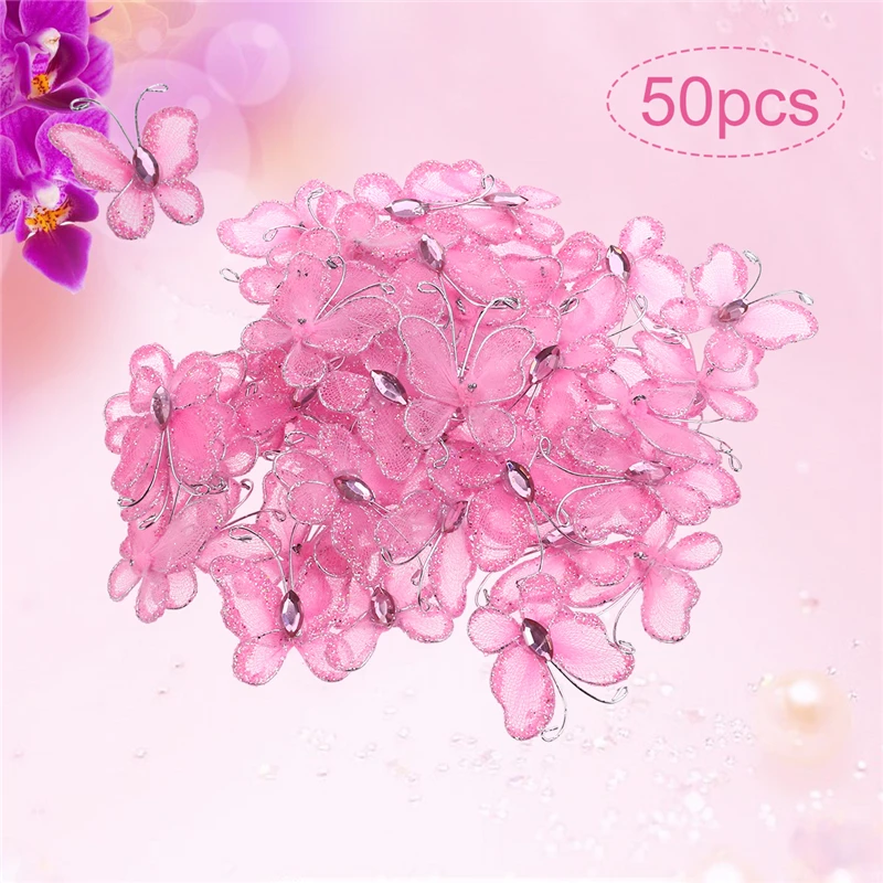 50 шт. Sheer Mesh Wire Glitter Butterfly с драгоценным камнем Home/Weeding вечерние/Party Decoration
