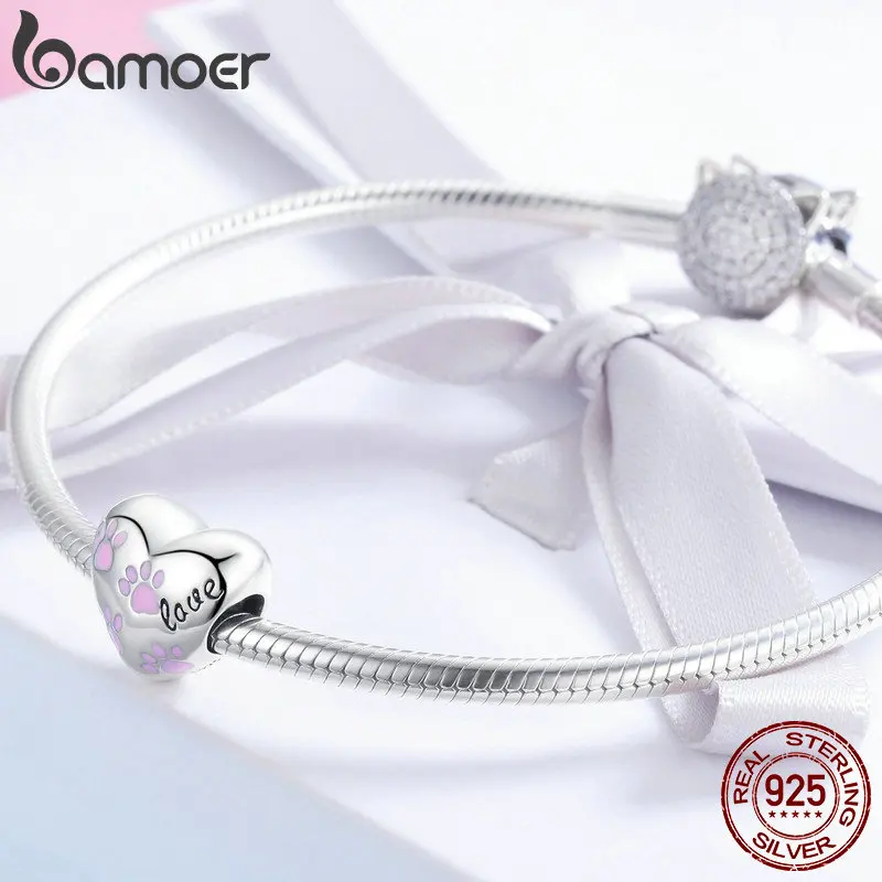 BAMOER, трендовые, новые, 925 пробы, серебряные, любовь, животные, собаки, следы, в форме сердца, бусины, подходят для женщин, браслеты, сделай сам, ювелирные изделия SCC768