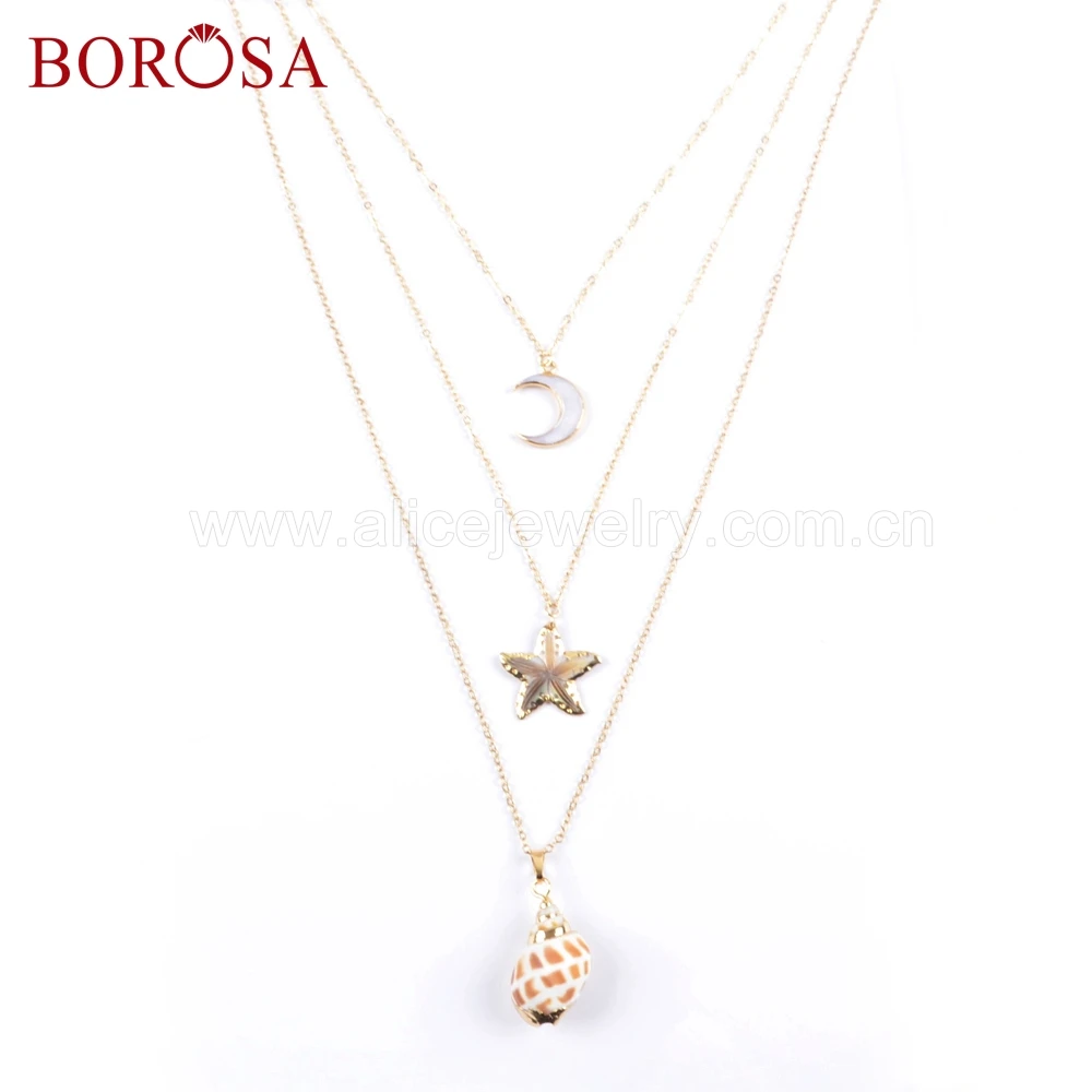 

BOROSA 3PCS 26inch Gold Color Natural White Shell Moon Shell Starfish Conch Seashell Pendant Necklace for Women G1680