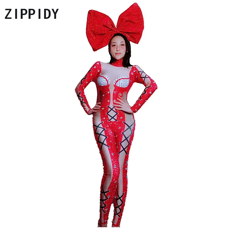 Fashion Sparkly Red Rhinestones Spandex Bandage Pattern Jumpsuit Birthday Party Outfit Nightclub Women Singer Dance Show Outfit