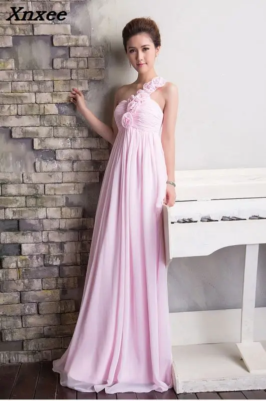 

New Summer One Shoulder Flowers Chiffon Dresses Female Maxi Party Dress Vestidos Dark Red/White Long Prom Evening Gonws