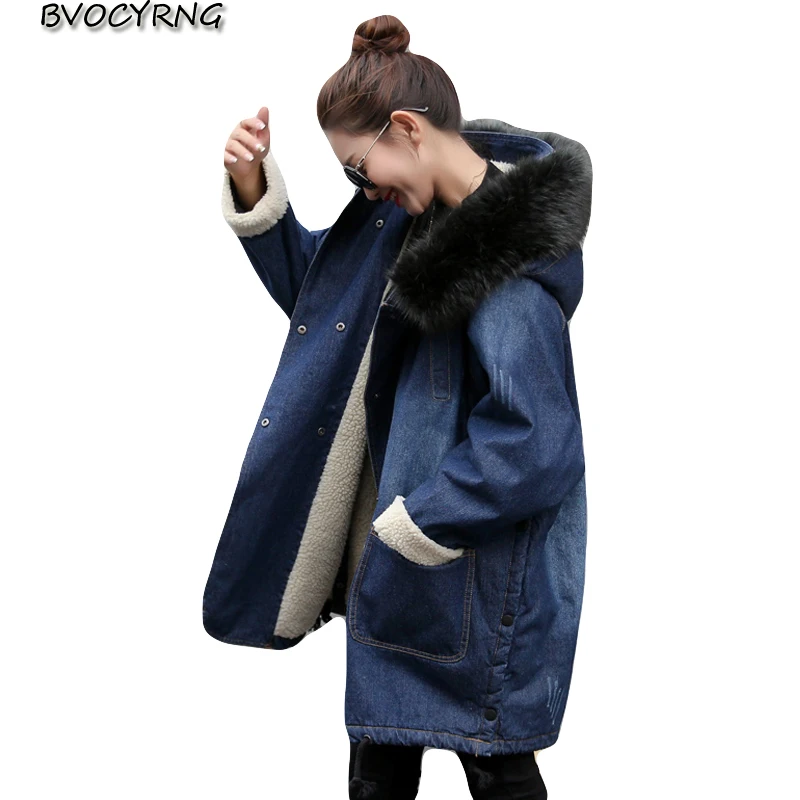 

New High Quality Fox Fur Collar Denim Jacket Women 2018 Winter Thick Lamb Wool Warm Parka Long Loose Cowboy Coat Female A0963