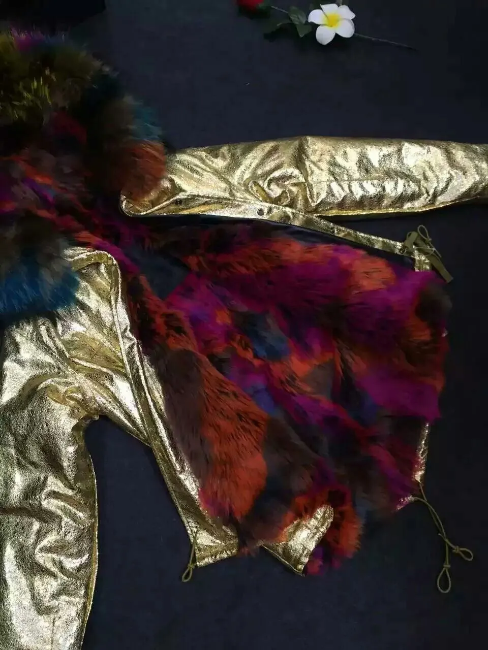 New arrival design Gold foil Leather multicolor Fur parka women winter Coat Plus size XS-4XL