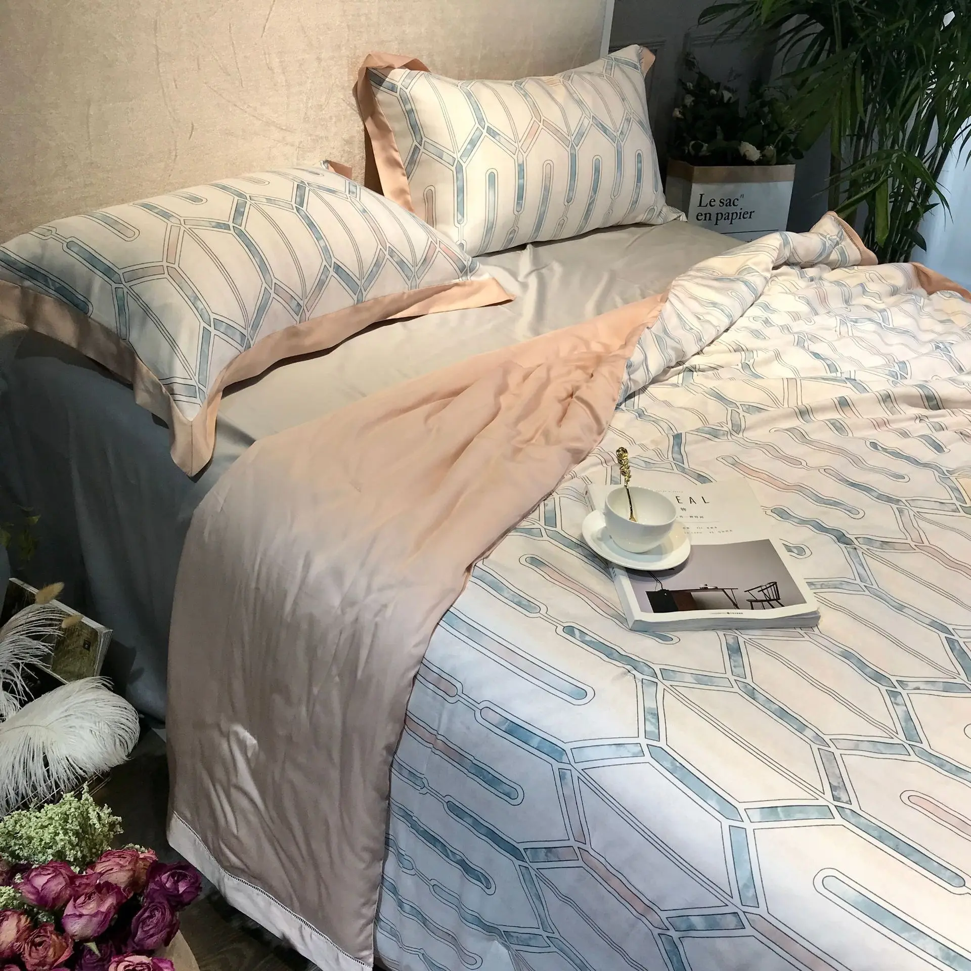 Abbiemao высококачественное постельное белье из хлопка Tencel, комплект из 4 предметов, кружевное шелковое постельное белье на весну/лето, размер queen/King