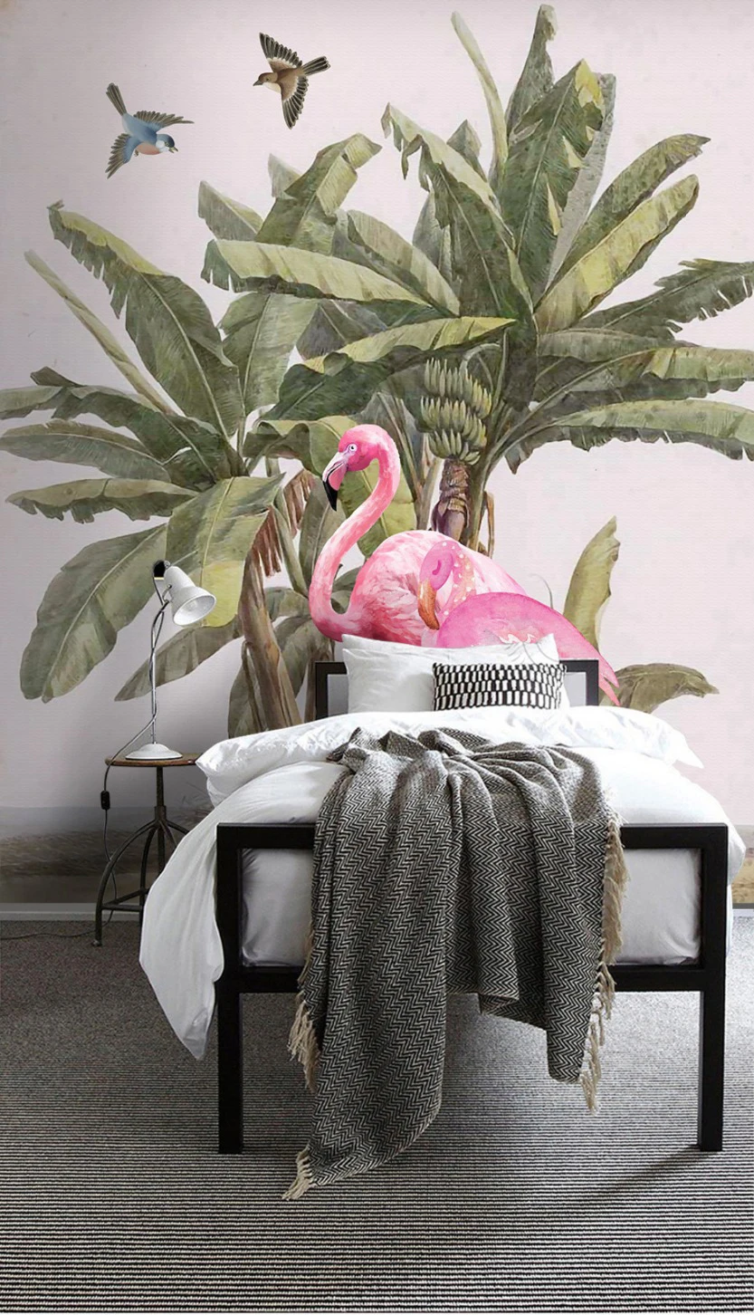 

papel de parede Custom photo wallpaper 3D mural medieval hand painted banana tree flamingo background wall painting